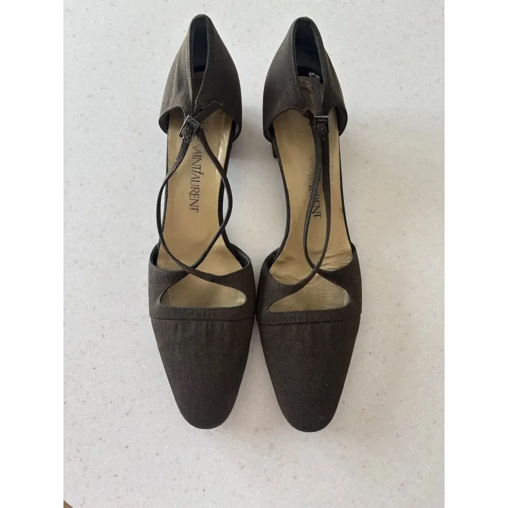 Vintage Yves Saint Laurent YSL Italy Canvas Peep Toe Slingback Heels Brown - Picture 7 of 9